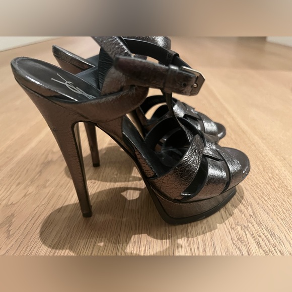 Saint Laurent YSL Metallic Tribute Platform 135mm Heels Sandals Gunmetal Grey 37 - Picture 4 of 6